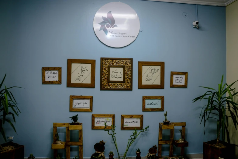 blue painted walls with framed pictures and potted plants