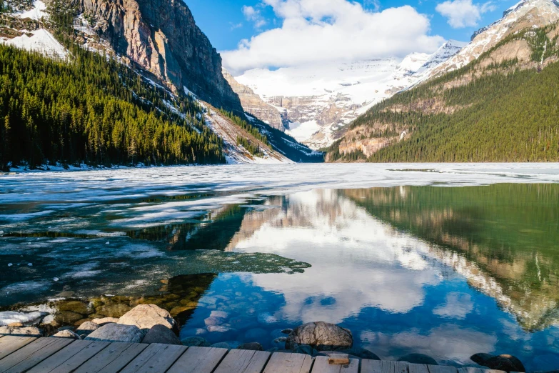 a wooden walkway that goes across a lake