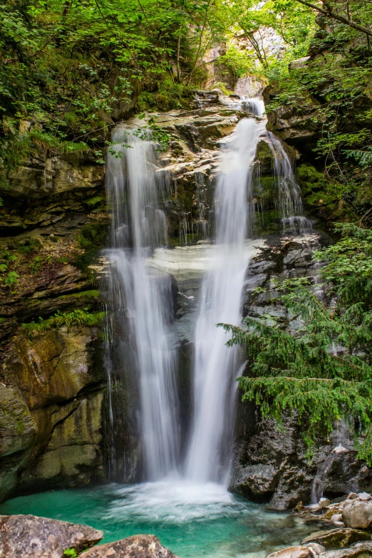 a waterfall that has some green plants near by