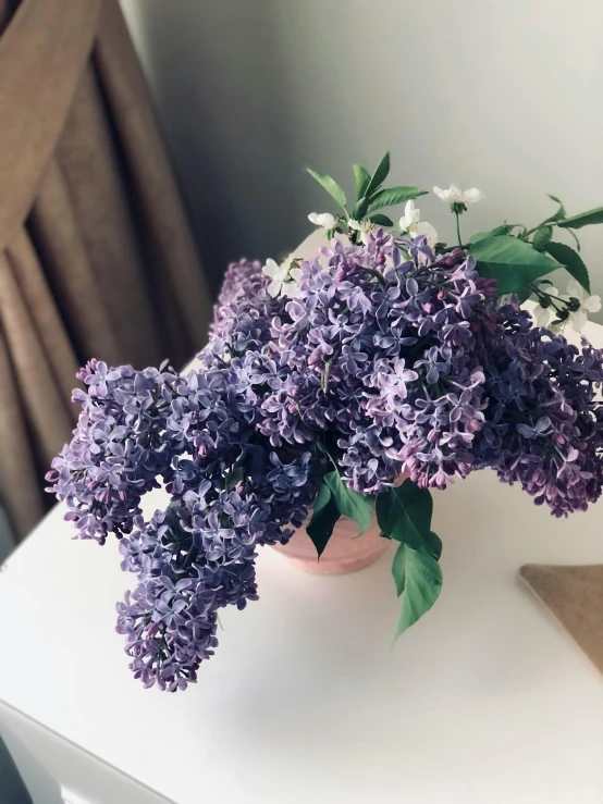purple lilac flowers are growing in a white vase on the side of a table