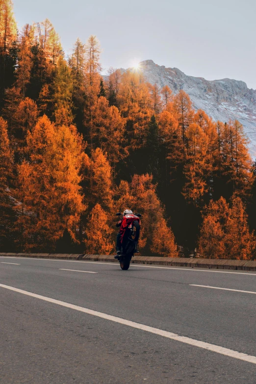 a person riding a motorcycle down a road with a mountain in the background