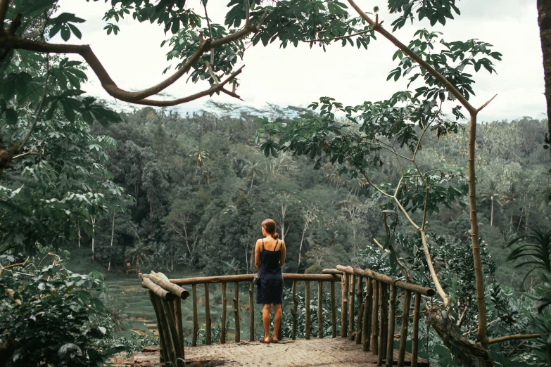 a woman standing at the end of a wooden bridge