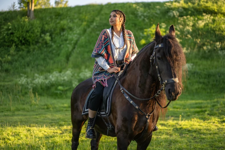 woman sitting on top of a brown horse in a field