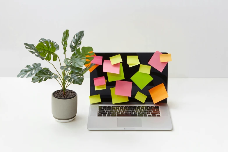 a laptop with different colored notes and a plant