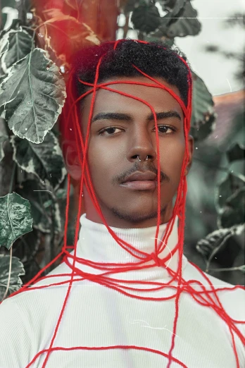 a man's face is being spliced through red wires
