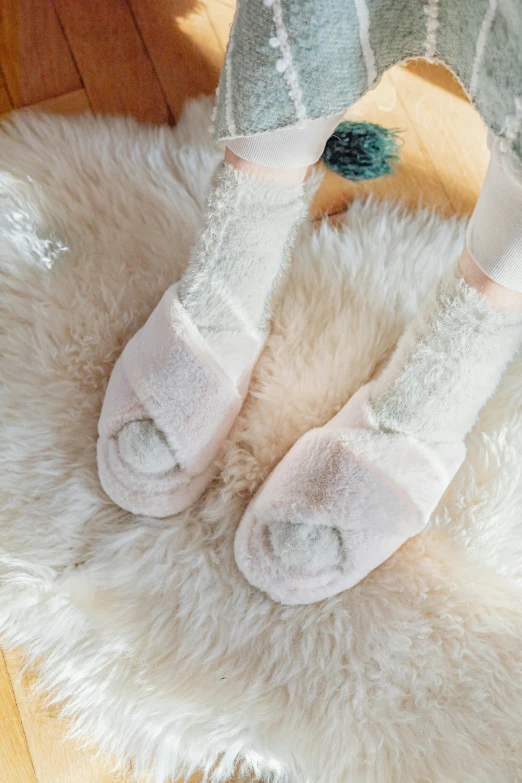 a pair of feet in slippers on furry rug