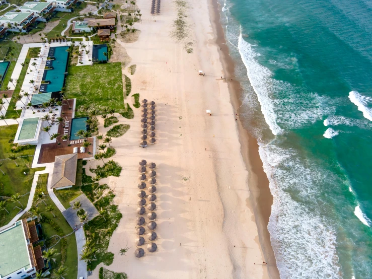 a beach area with green grass and white sand