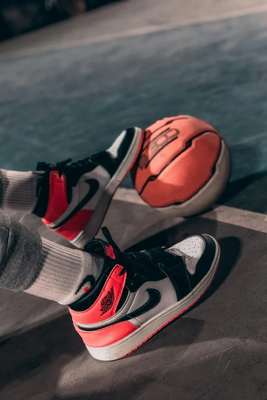 a person's feet with a basketball and a pair of socks