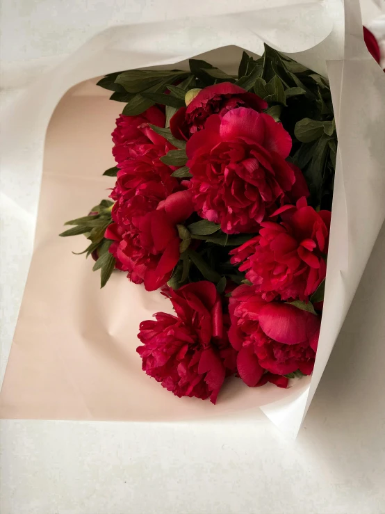 a close - up of red flowers in a white paper bag