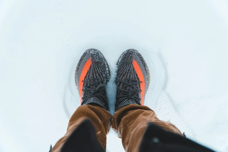 the top view of a pair of feet standing in the snow