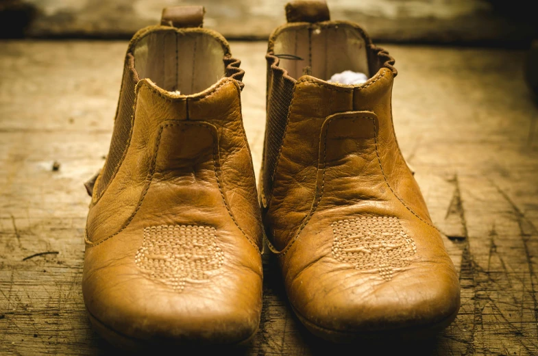 a brown pair of shoes sitting on top of a wooden table