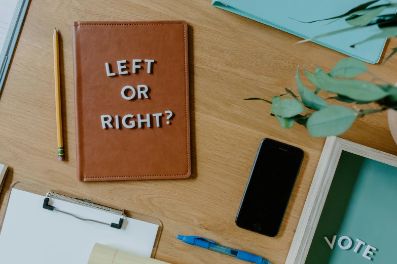 an office desk with a brown book that reads left or right