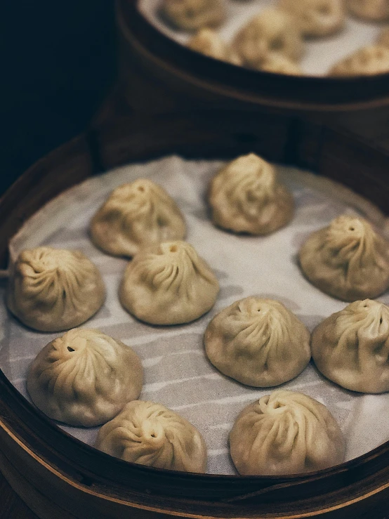 twelve steamed and fried dumplings in a container