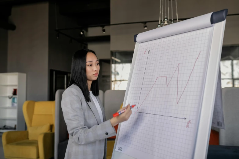 a woman pointing to a diagram on a whiteboard