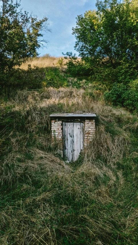 a small house with door is in a field