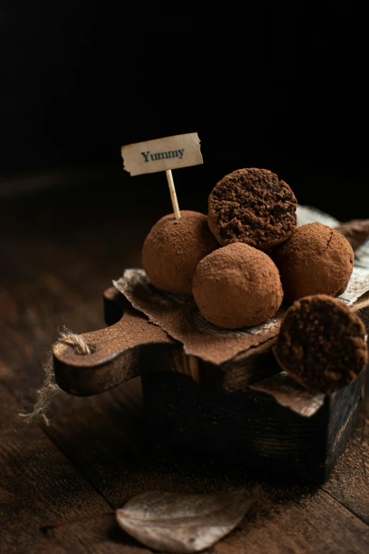 dessert on a wooden table with a nametag