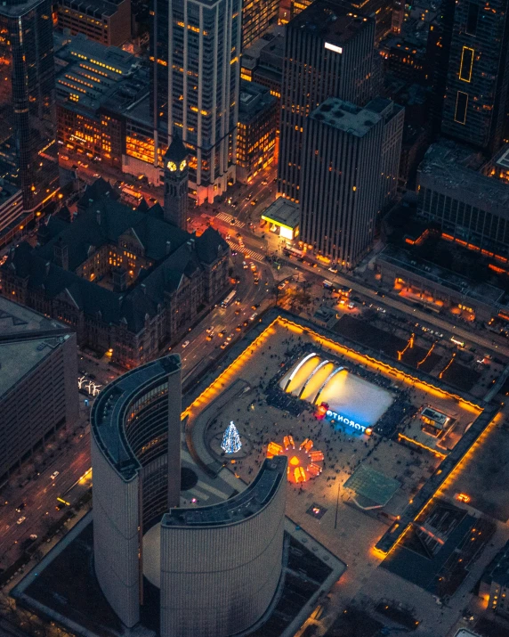 an aerial view of an urban area at night