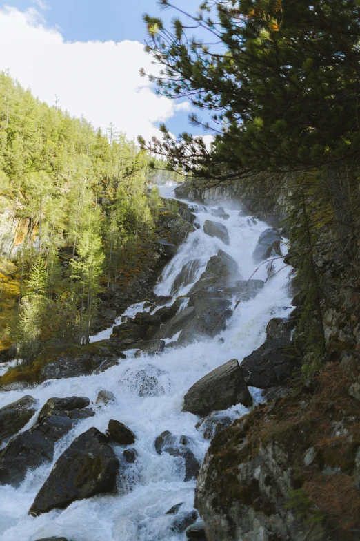 a very large waterfall flowing through a forest