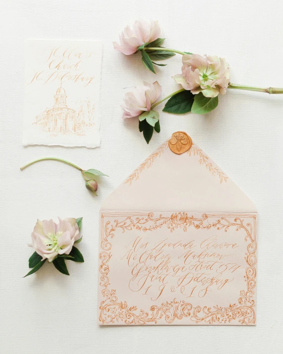 a white envelope with flowers and a rose on top