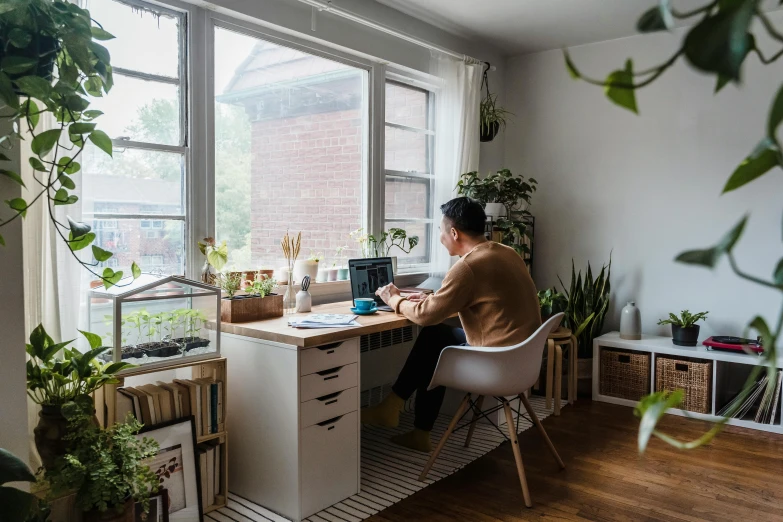 a person sitting at their desk on a laptop