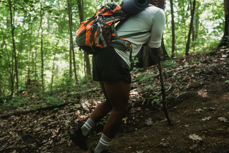 a man with backpack and hiking poles trekking in the woods