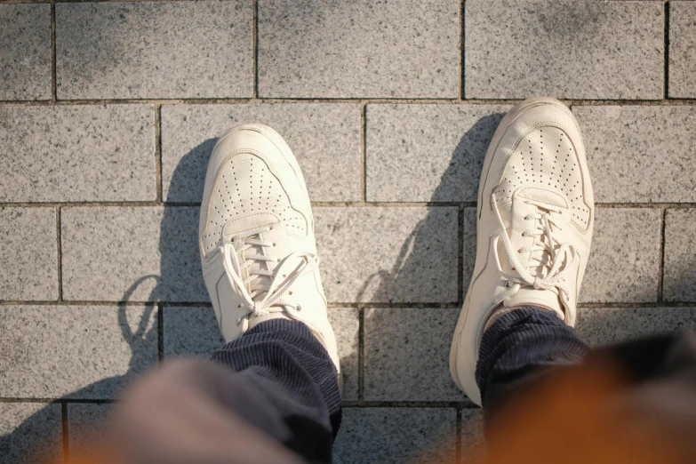 the top view of a person wearing tennis shoes