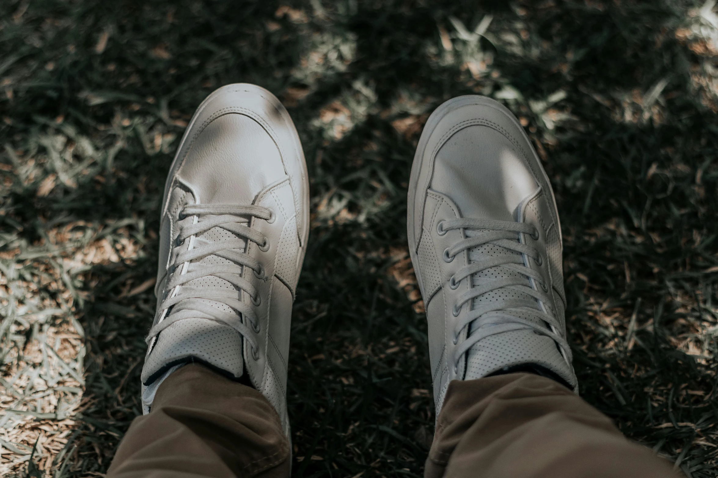 a closeup s of an older sneaker on grass