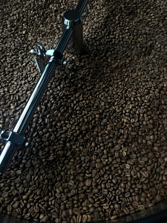 a metal plate on top of a pile of coffee beans