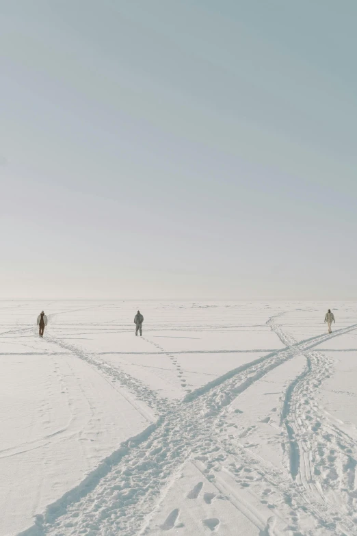 group of people walking in the snow on their skis