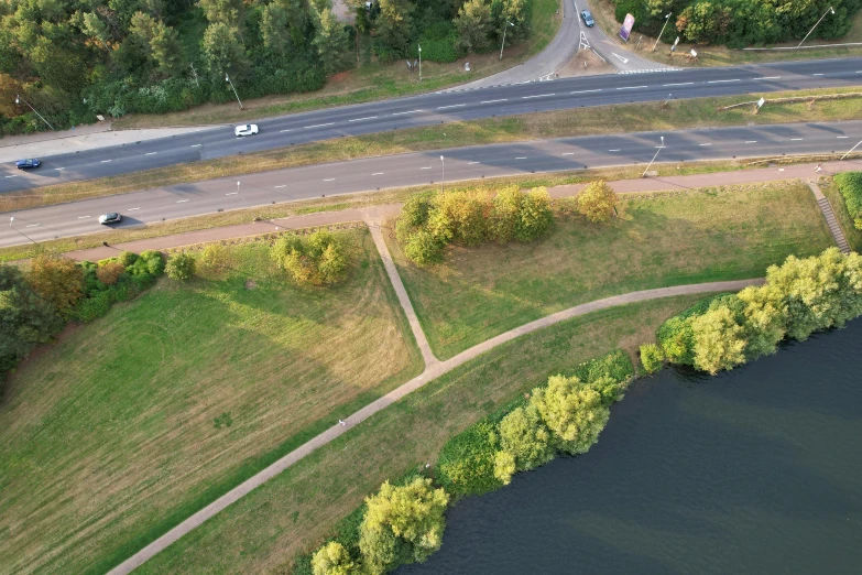 an aerial view of a highway and roadway from above