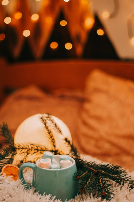 a blue mug on the floor next to a pine tree