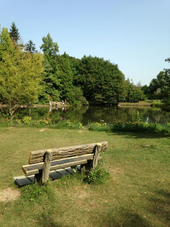 an old bench is sitting in front of a small pond