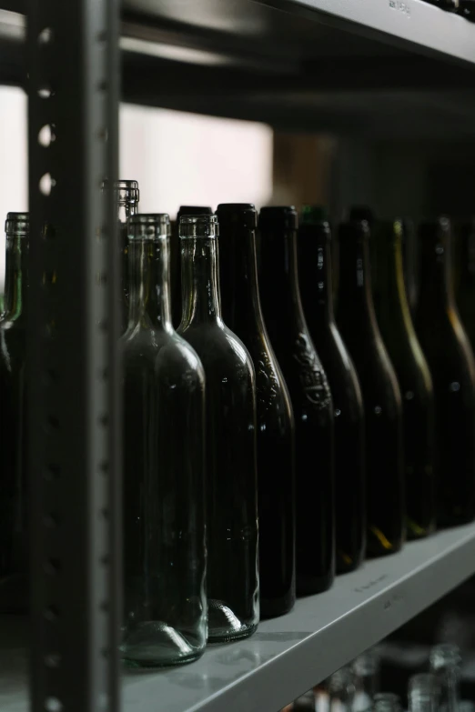 bottles on a shelf, full of empty wine bottles