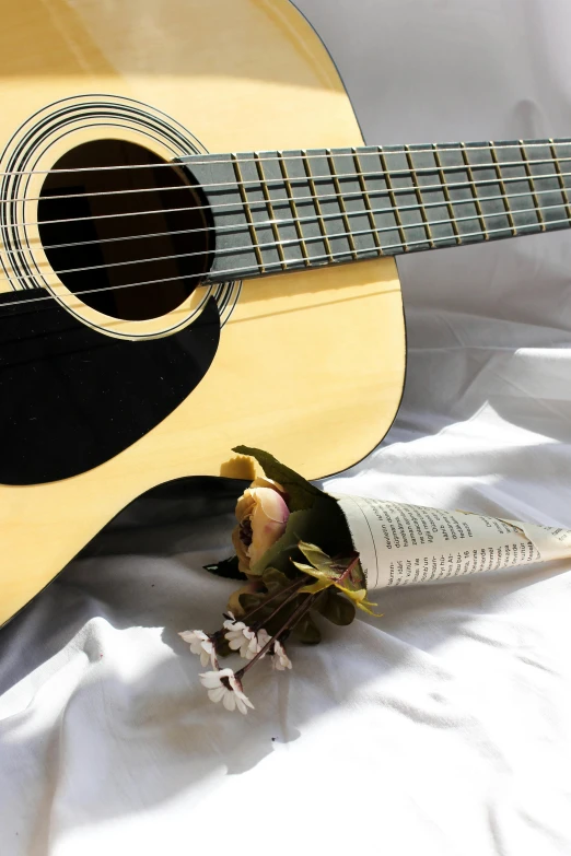 a white rose next to a guitar, the string still attached