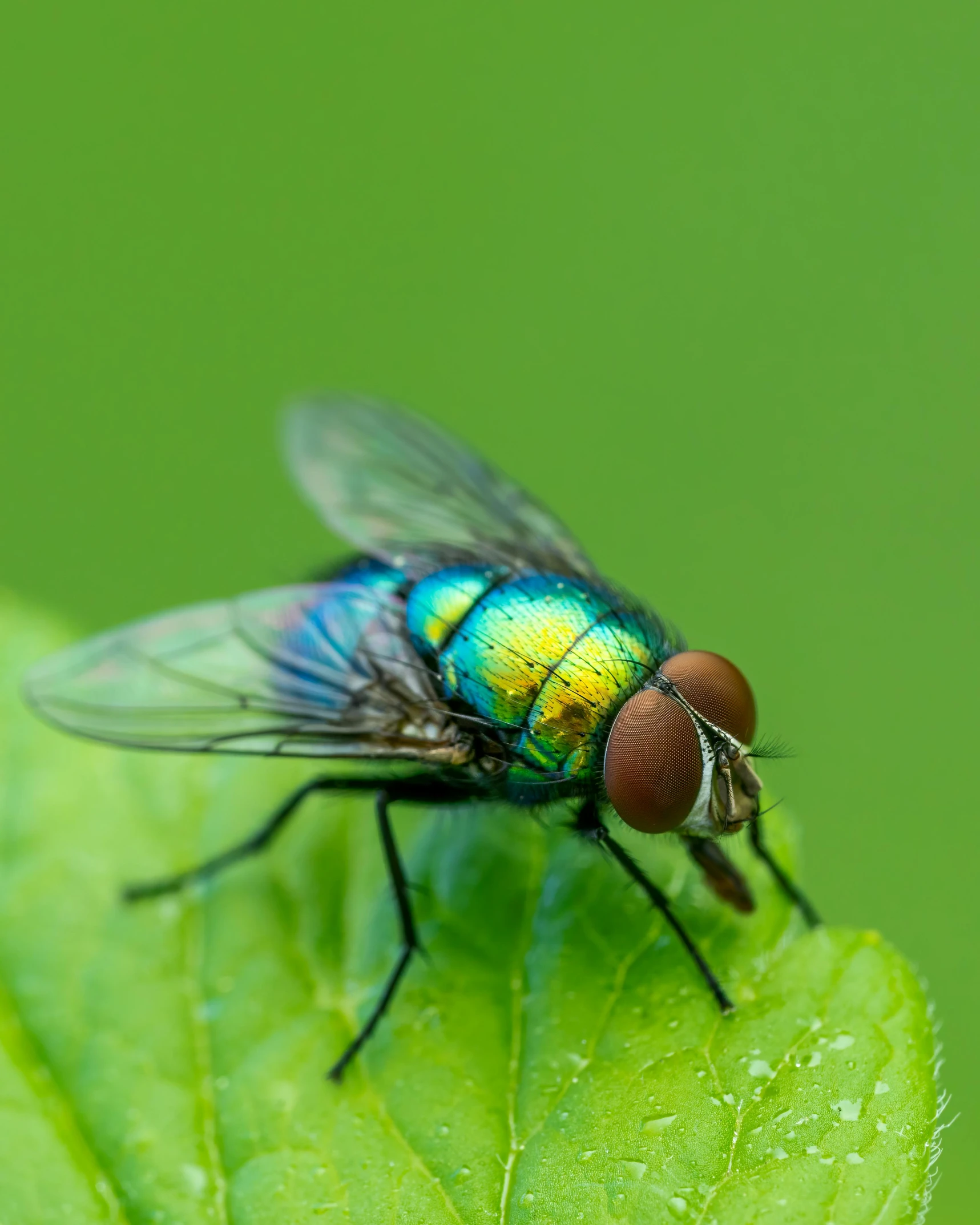 a green and blue fly resting on a leaf