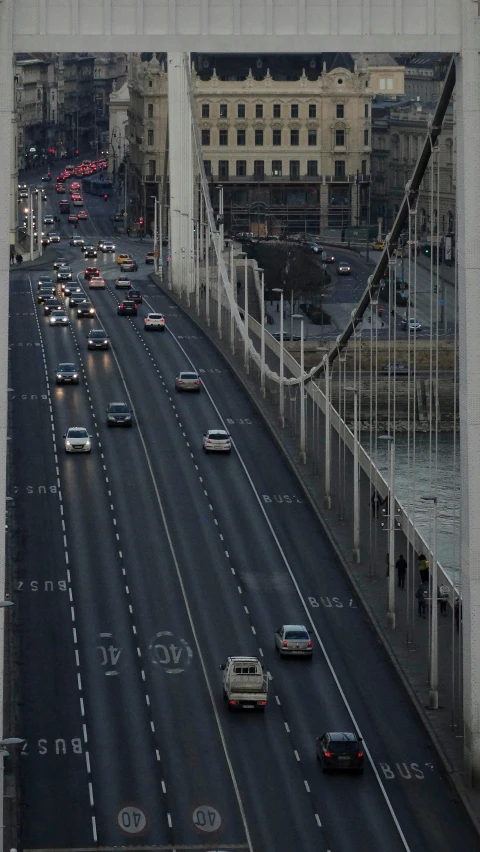 a view of traffic on the bridge from above