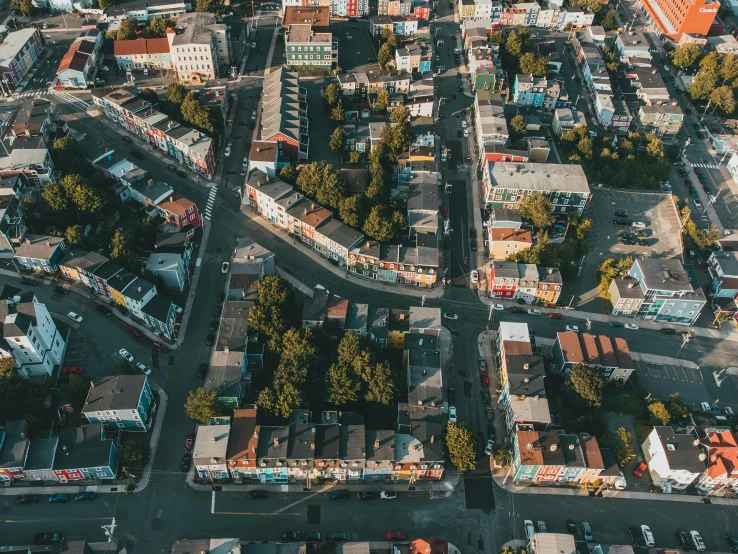 a cityscape is shown looking over some buildings