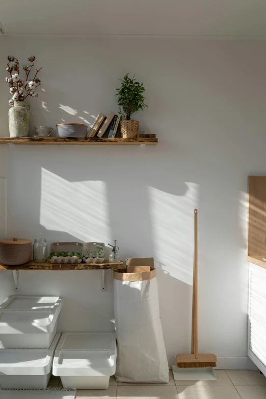 a kitchen with two shelving on the walls