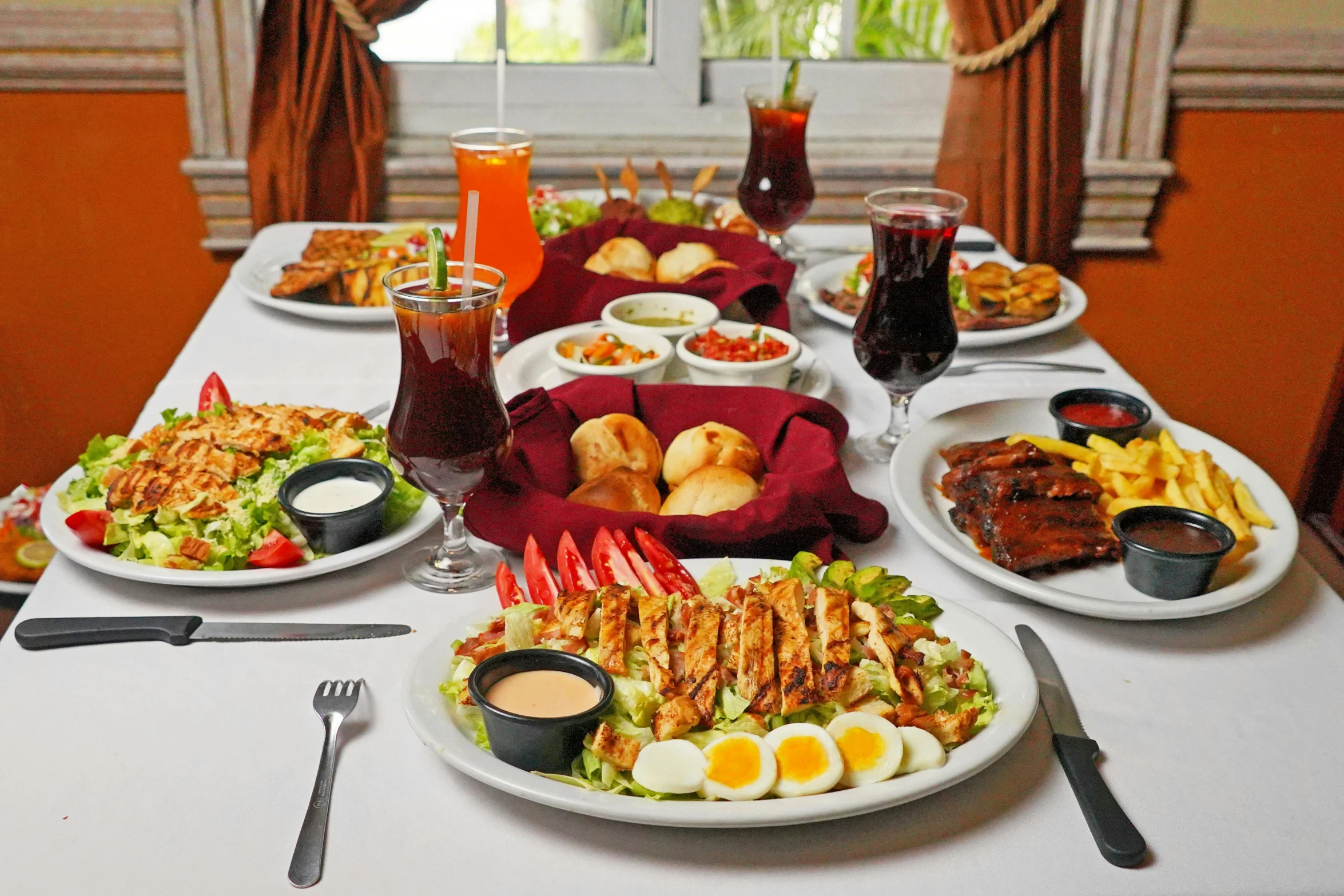 an arrangement of different foods are on a table