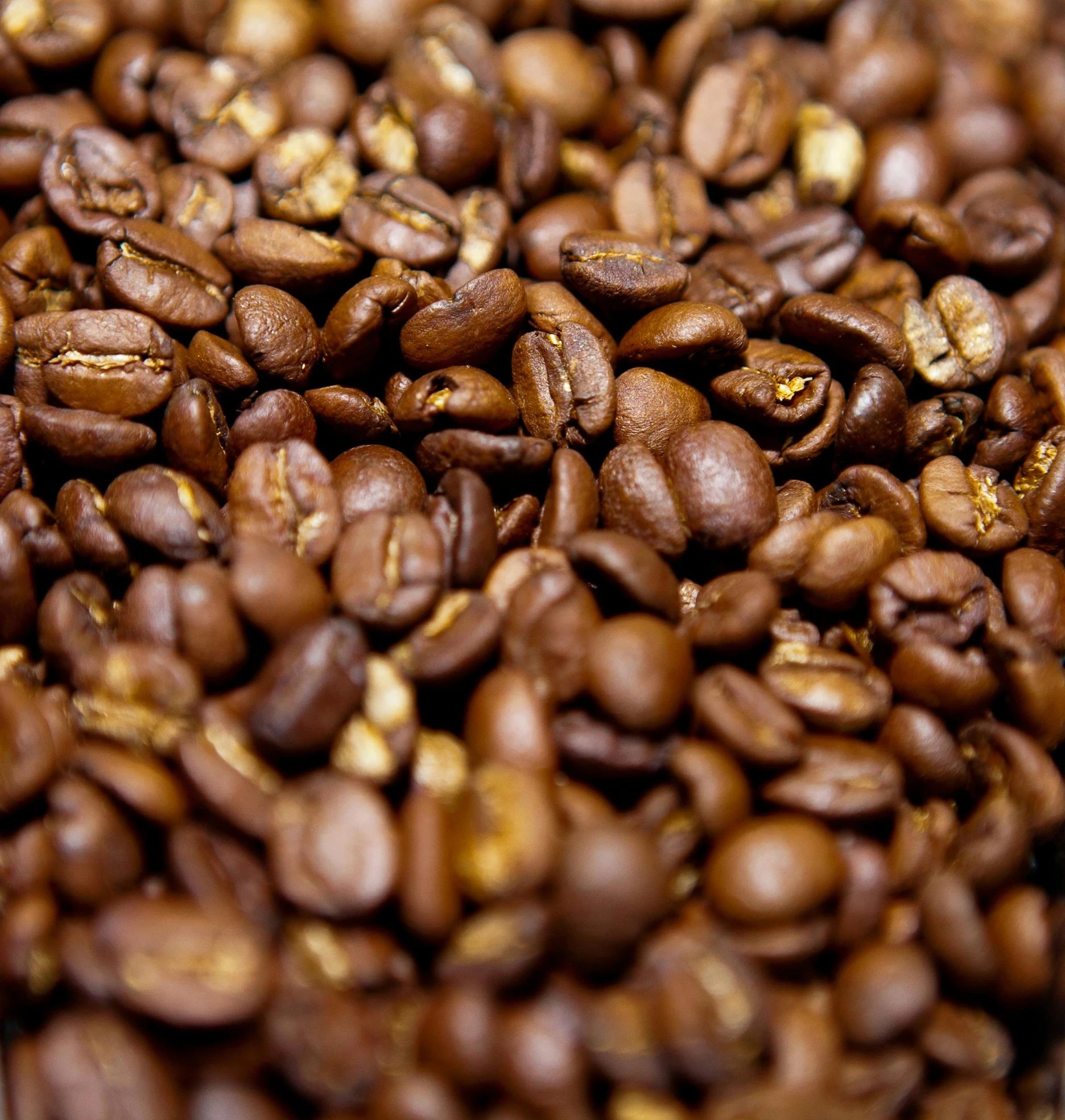 several roasted coffee beans with one side peeled off