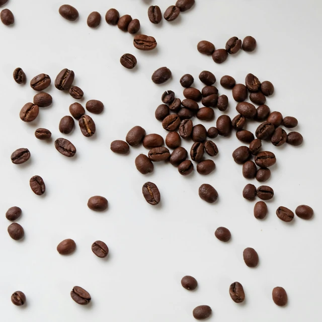 some coffee beans on a white surface