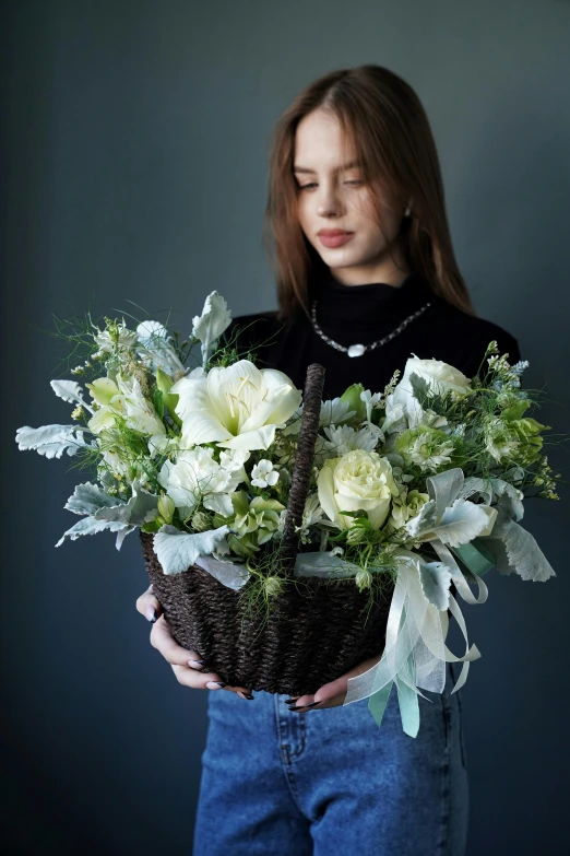 a person with flowers in the basket