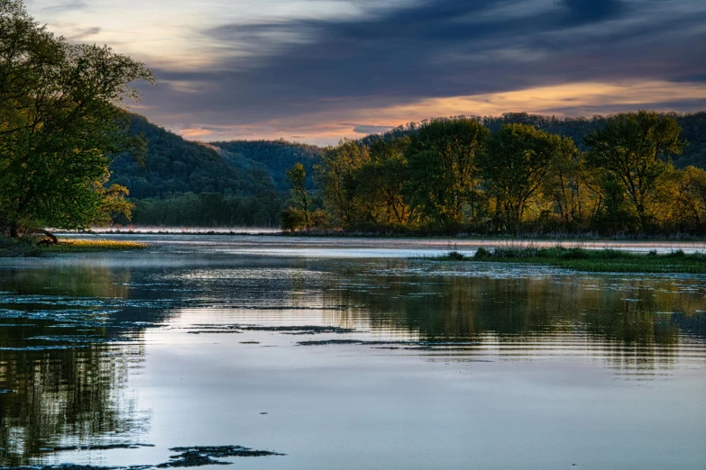 a calm river with trees and some mountains in the background