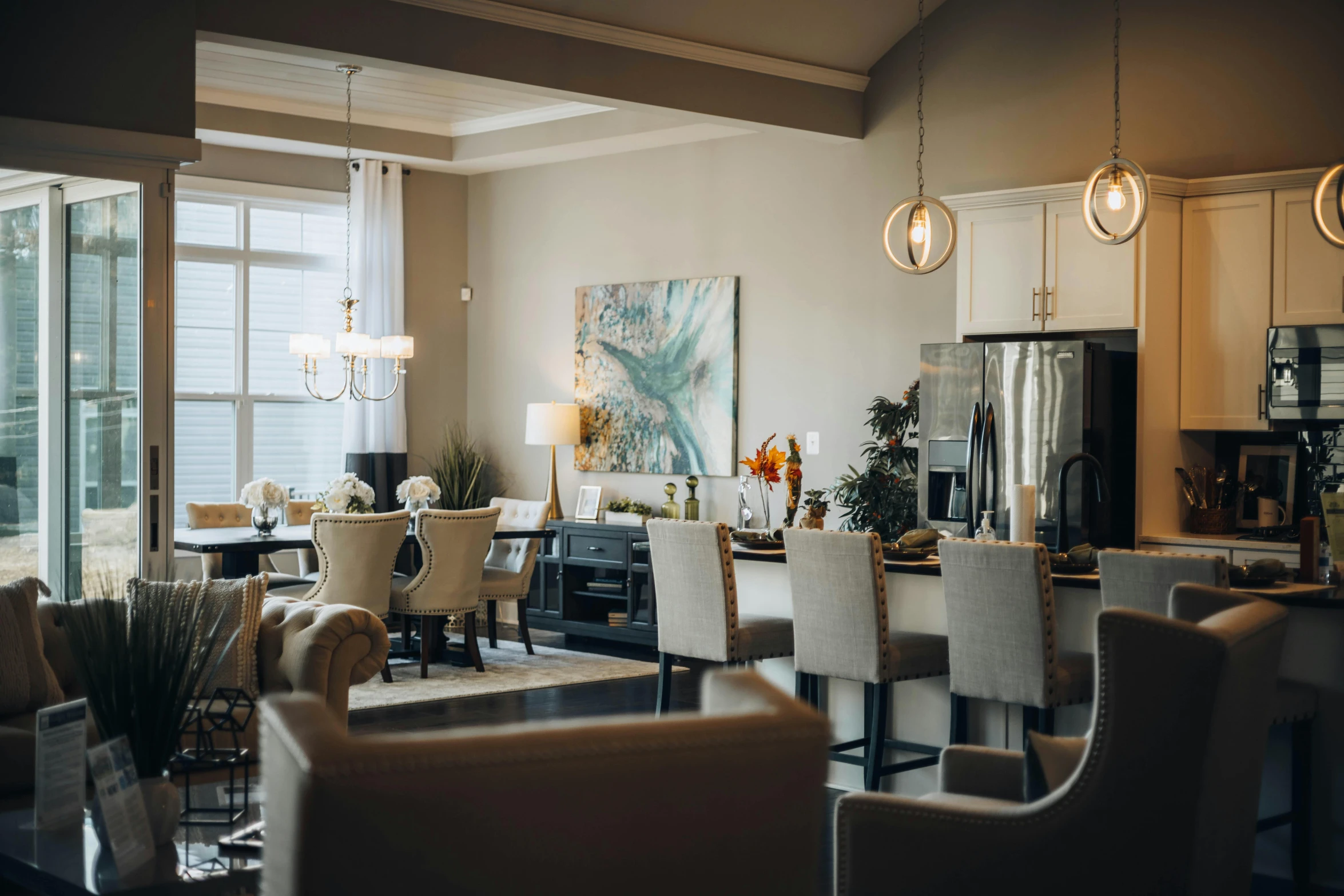 a beautiful dinning room with modern furniture