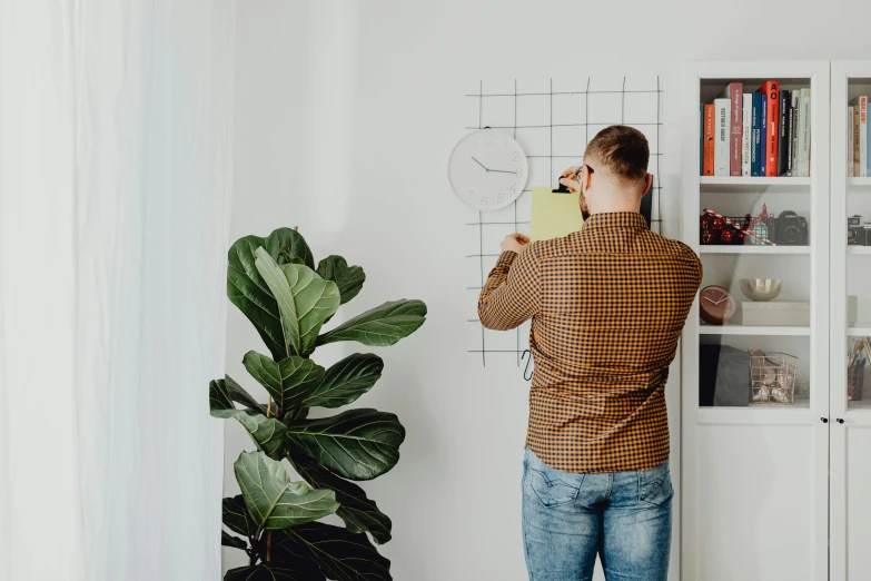 a man standing next to a plant with a pot