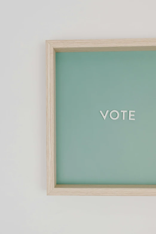 a framed pograph in a wooden frame with the words vote printed onto it