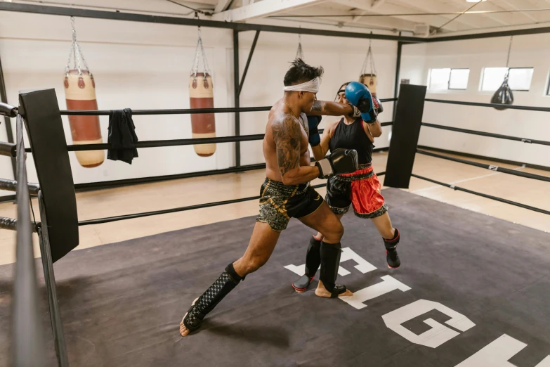 two boxers in the middle of a boxing ring