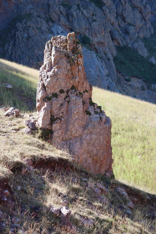 a large rock in a grassy field surrounded by mountains