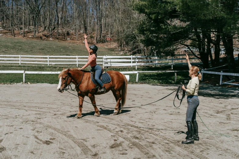 a woman holds the reigns of a brown horse as another woman leads her out