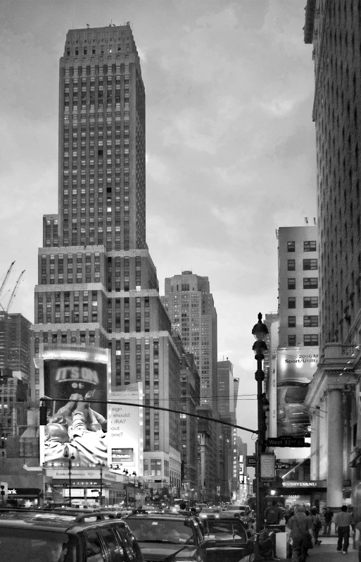 a city street with buildings, traffic and pedestrians